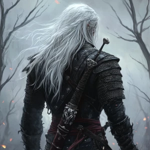 A fantasy warrior with long white hair, dressed in detailed dark...