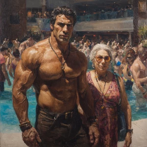 Hyperrealism,sharp painting,a muscular beefy criminal man walkin...