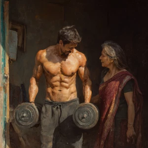 HyperRealism photo painting,A  muscular beefy sweaty kashmiri ma...