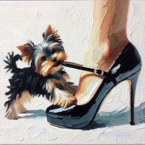 An oil painting on canvas, in small, thick brushstrokes, of a sm...