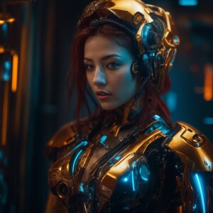 Design a futuristic cyborg with enhanced ocular implants and a r...