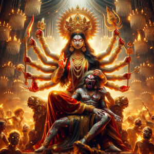 portrait of an angry and gorgeous goddess durga sitting on a golden throne and slaying mahishasur by carrying him on top her lap and stabbing him with her long red fingernails. gold jewelry all over her body. she has eight arms. Mahishasur has wounds. Background is intense battlefield. Ultra detailed face, hyper realistic photography, Epic scene. 4k, HDR