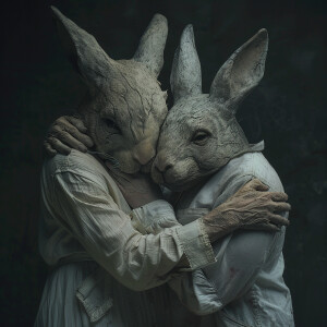 Craft a chilling tale where rabbit-headed figures embrace elderl...