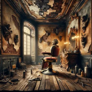 A dark, claustrophobic yet colorful barber shop located on the s...