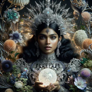 Beautiful girl in silver crystal dress, black hair and crown of...