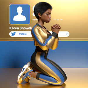 Create a 3D illustration of a realistic light skinned African-American woman on The remote her knees Praying , she has a black pixie cut haircut FACEBOOK social media with a FACEBOOK BACKGROUND . She is wearing a gold and blue jumpsuit and gold and blue Nike gym shoes. The background is a FACEBOOK social media profile with a user name “KAREN SHOWELL ” and profile FACEBOOK Cover