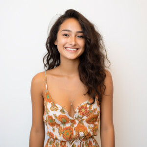 A cute woman

Californian

Smiling 

Clothes: Floral Dress

Look...