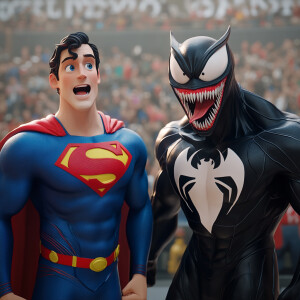 Create an 3d animated scene featuring two iconic characters shar...