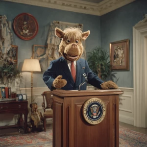 ALF from the TV show ALF dressed in a presidential suit, standin...