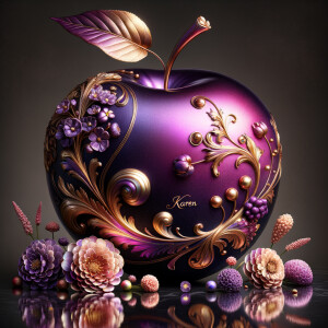 Envision a lustrous, oversized apple with a surface that gleams in a radiant shade of purple, as if lacquered to a high shine, reflecting light from its smooth, curvaceous form. The apple is adorned with elegant gold leaf patterns that swirl luxuriously around its contour, bringing a baroque opulence to its appearance. The stem, a bronzed sculpture in itself, supports a single leaf that seems to glow with an inner luminescence. At the apple’s base, a collection of flowers blooms, their petals softening the scene with organic shapes and colors that harmonize with the vibrant purple and gold. Incorporated into the metallic filigree in an artful script is the name "Karen," as if the apple were personally inscribed, enhancing the custom and bespoke quality of the piece.