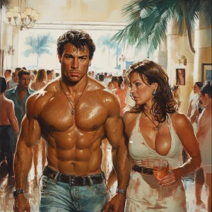 Realism.A man( muscular beefy criminal) walking with a woman(his...