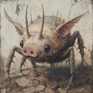 Oil painting of the Pigant, a unique creature combining an ant's...