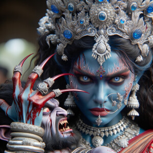 photography of angry looking, gorgeous goddess kali, blue skinned carrying a weak mahishasur in her two arms and stabbing him with her amazingly long red fingernails. She is wearing a huge silver crown, red saree, abundant silver jewelry, covered in blood. The scene is set in ancient India. The image is 8K resolution, cinematic, ultra detailed face and epic.