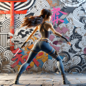 Athletic Thin skinny Attractive, Asian teenage girl, long brown hair and bangs, wearing tight skinny jeans and a halter top paint marks on her clothing, heroic pose Asian graffiti background, backside view