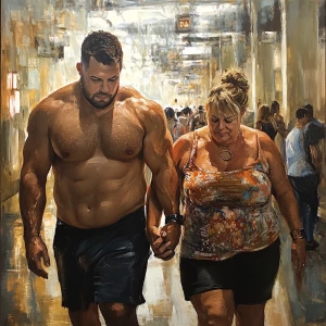 Realism,painting.A man  muscular beefy sweat walking with his  5...