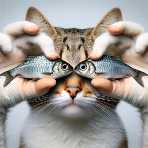 fine art photography featuring a cat that has two fish in its ca...