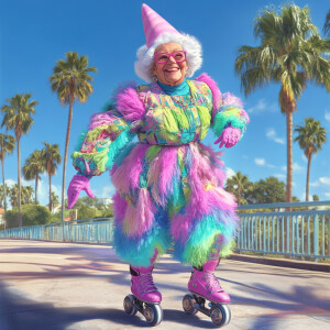 An elderly machine roller skating on a sunny day, wearing a colo...