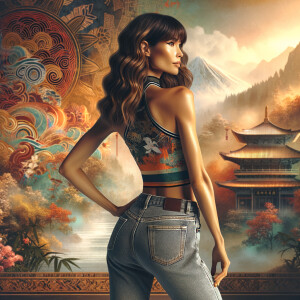 Athletic Thin skinny Attractive, Asian teenage girl, long brown hair and bangs, wearing tight skinny jeans and a halter top paint marks on her clothing, heroic pose Asian graffiti background,  backside view