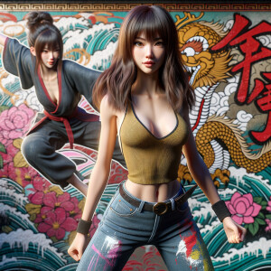 Athletic Thin skinny Attractive, Asian teenage girl, long brown hair and bangs, wearing tight skinny jeans and a halter top paint marks on her clothing, heroic pose Asian graffiti background