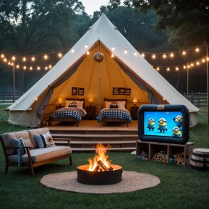 Outdoor boys' glamping birthday sleepover party featuring a  bel...