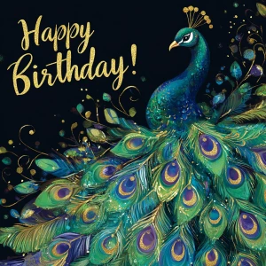 A vibrant peacock adorned with feathers in shades of green, blue...