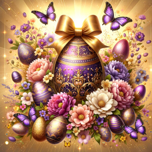 A luxurious and ornate Easter-themed image featuring a large cen...