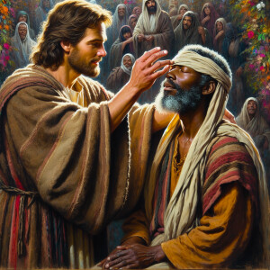 An oil painting depicting a biblical scene where Jesus, a Africa...