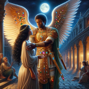 Create an oil painting image featuring a male angel and a grievi...