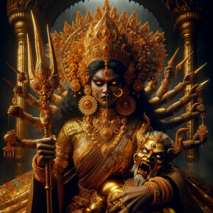 portrait of angry looking goddess durga sitting on a gold crown and carrying a weak mahishasur on her lap and she is stabbing his belly  with her amazingly long fingernails. She is wearing gold armor, a huge gold crown, gold saree, abundant  gold jewelry, covered in blood. The scene is set in ancient India. The image is 8K resolution, photography, cinematic, ultra detailed face and epic