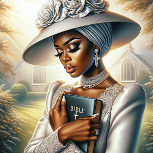 Render an airbrush oil painting of an African American woman with flawless makeup in a
contemplative pose, holding a Bible close to her heart, dressed in an elegant Sunday Best
outfit with a distinctive Church Hat. The background features a peaceful church garden,
with light filtering through the trees, highlighting her spiritual connection and the personal
moment of reflection. The artwork should capture the tranquility of the scene, the beauty
of her attire, and the depth of her contemplation, reflecting a serene and spiritually