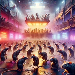 rat rave. anthropomorphic rats at a rave in a grungy nightclub,...