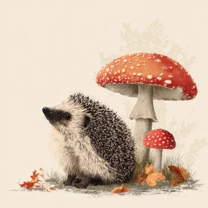 Small hedgehog sitting beside mushroom, vintage illustration sty...