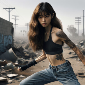 Thin Asian teen girl wearing tight jeans and a halter top Long brown hair and bangs, tattoos on her arms, athletic heroic pose