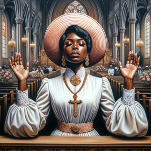 Render an airbrush oil painting of an African American woman with flawless makeup
kneeling at a church altar, her hands raised in a gesture of surrender to God. She's
dressed in stylish Sunday Best attire, with a particular focus on the delicate details of
her Church Hat. The background features a beautifully painted church interior, with the
oil paint texture enhancing the sacred atmosphere. The artwork should capture the
woman's devout expression, the elegance of her attire, and the spiritual ambiance of
the church setting, reflecting a moment of deep faith and devotion.