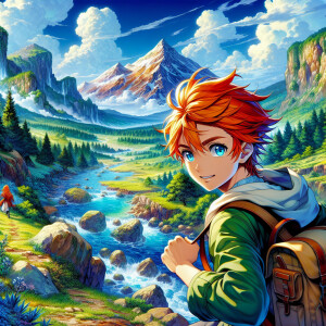 A vibrant, anime-inspired digital illustration of a young boy on...