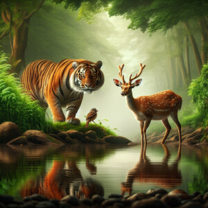 Tiger with deer on the bank of river