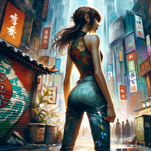 Attractive, Asian teenage girl, long brown hair and bangs, wearing tight skinny jeans and a halter top paint marks on her clothing, backside view heroic pose Asian graffiti