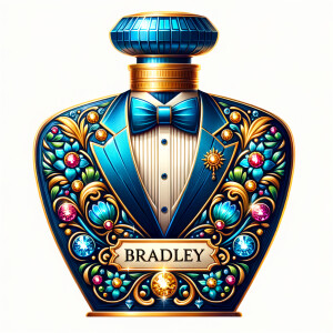 Create a blue and gold cologne bottle in the shape of a tuxedo with flowers with the name, Bradley and colorful jewels and diamonds