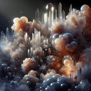 An array of crystalline shapes emerging from a soft, textured su...