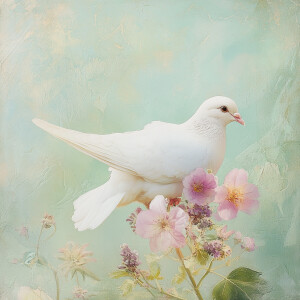 A delicate white dove resting gently on a pastel-colored flower,...