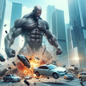 Generate a hyper-realistic image of a menacing, muscular, bald giant exhibiting superhuman strength as he effortlessly throws cars at skyscrapers, igniting colossal explosions and sending debris sprawling across the city skyline.