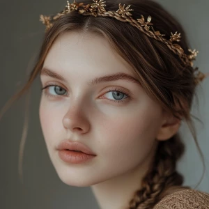 a woman, look to the camera, close up photo, Crown Braid Hairsty...