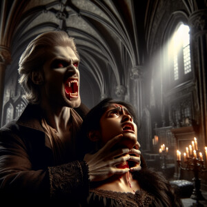 A pale, menacing vampire with sharp fangs sinking them into the...