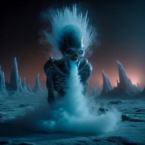 An extraterrestrial creature with a distorted face exhales a chi...