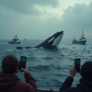 A realistic cinematic scene of a giant orca whale being seen fro...
