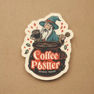 Create a sticker for A wizard-like figure brewing coffee in a ca...