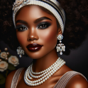 Envision a light-skinned African-American Hawaiian woman, embodying a mix of cultural elegance. Her hair is styled in glamorous, voluminous curls that frame her face, with a chic white and black headband accented by a luxurious pearl and diamond brooch. Her makeup is classic and sophisticated, with a smoky eye and deep red lipstick that complements her complexion. Adorning her neck are strands of pearls, adding to her opulence, and her ears feature large, chandelier earrings with pearls and diamonds that glisten. She carries the grace of Hawaiian charm, with her head slightly tilted in a dignified pose, her eyes full of depth and history. The background is a rich, dark shade that contrasts with her radiant skin.