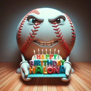 Anamorphic baseball holding a cake that says HAPPY BIRTHDAY HALONA