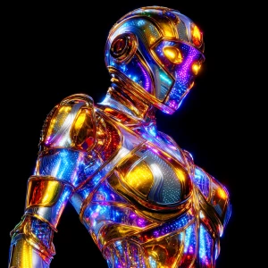 A vividly uprising lunar robot, every fiber gleams with pure ene...