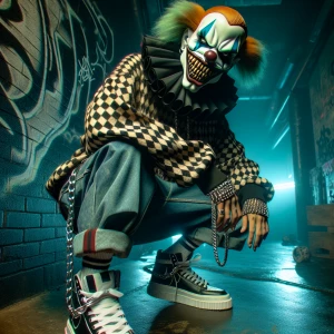 "Create an image of a sinister clown in a trap-style outfit, com...
